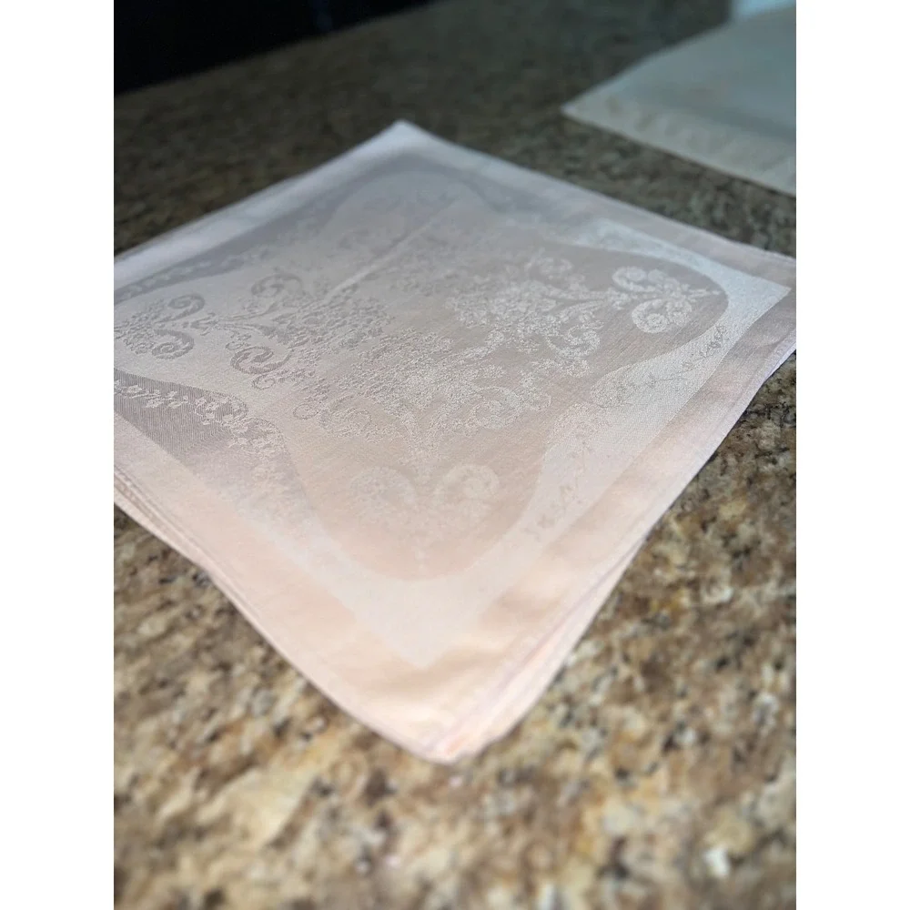 Vintage Blush Pink Jacquard Damask Cloth Napkins Set 7 Floral Table Linens 15in